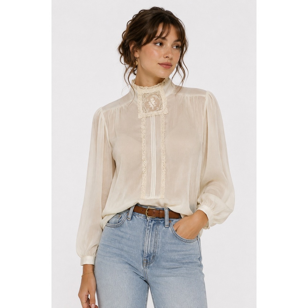 Victorian Lace Sheer High Neck Blouse XS S Cream Romantic Heirloom‎ Edwardian